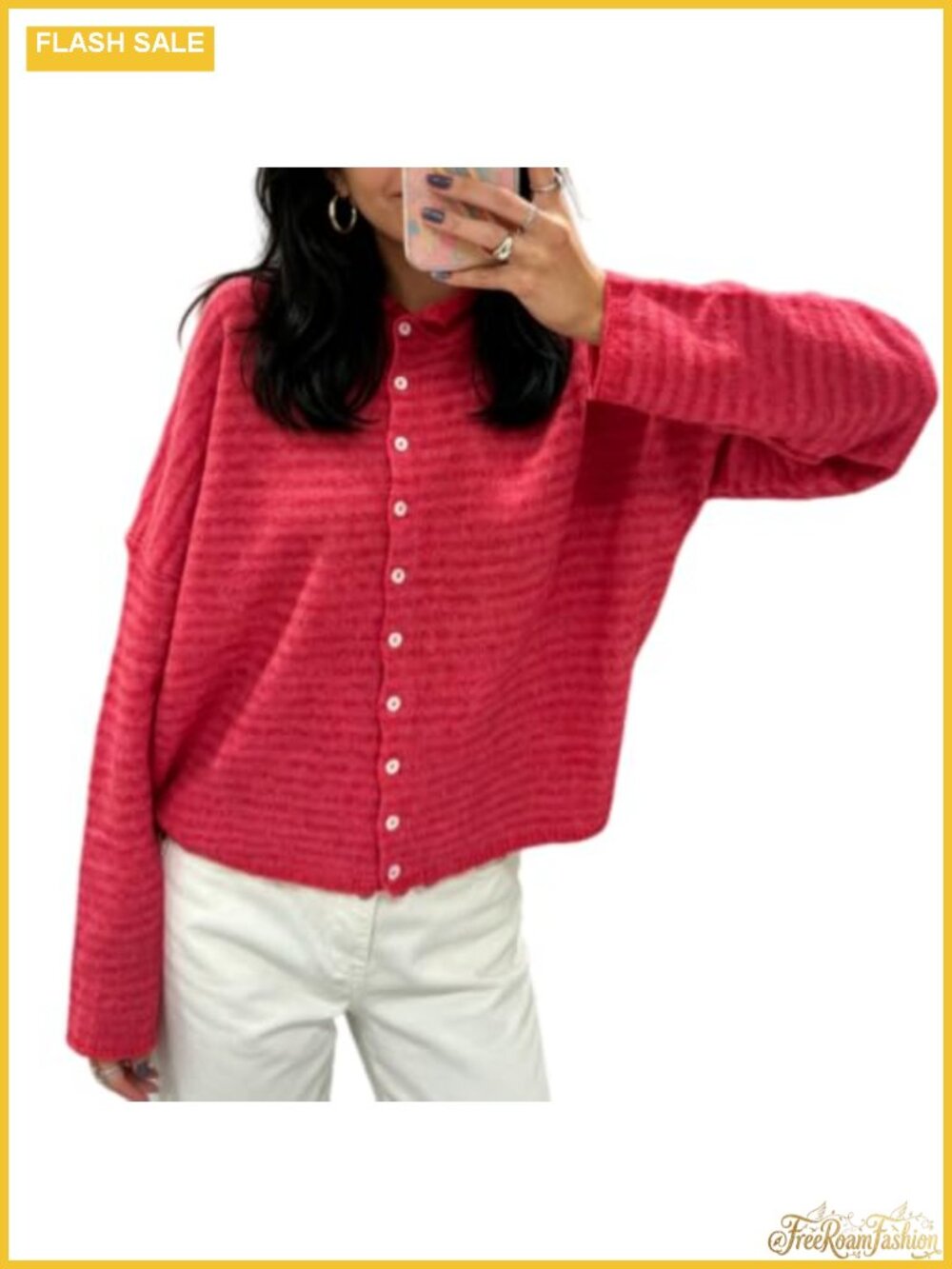 Women Knit Cardigan Sweater Button Down Loose Top Long Sleeve Polyester